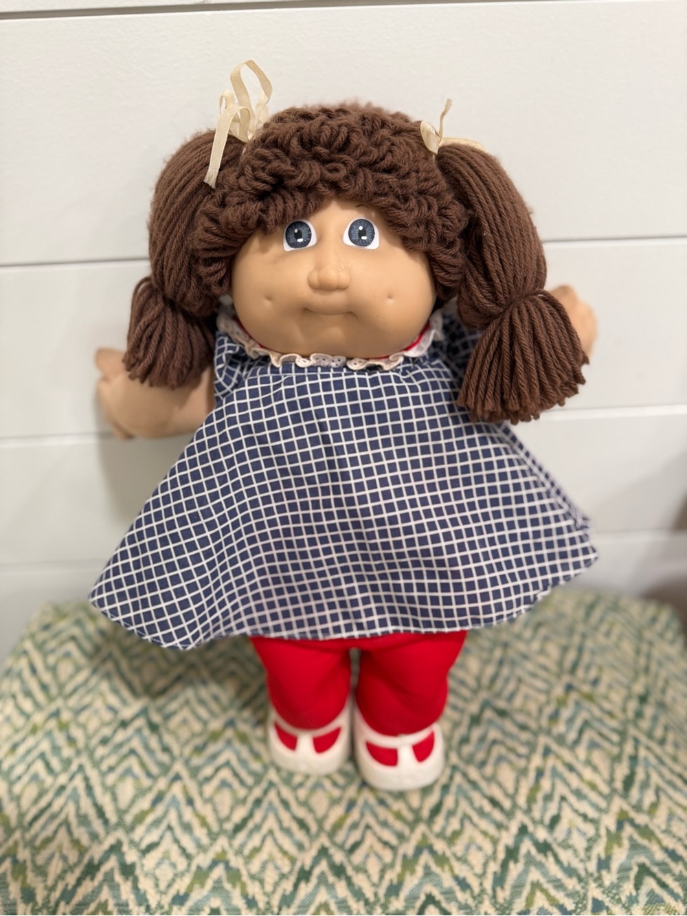 Cabbage patch 1985 Brown-Haired Kids Doll in Navy Checked Dress and Red Pants